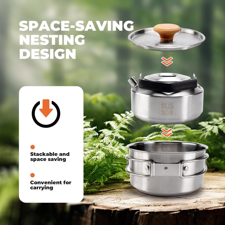 Camping Kochgeschirr Set Campinggeschirr mit Topf 1,5L und Teekessel 1,1L, Kompaktes Platzsparend St