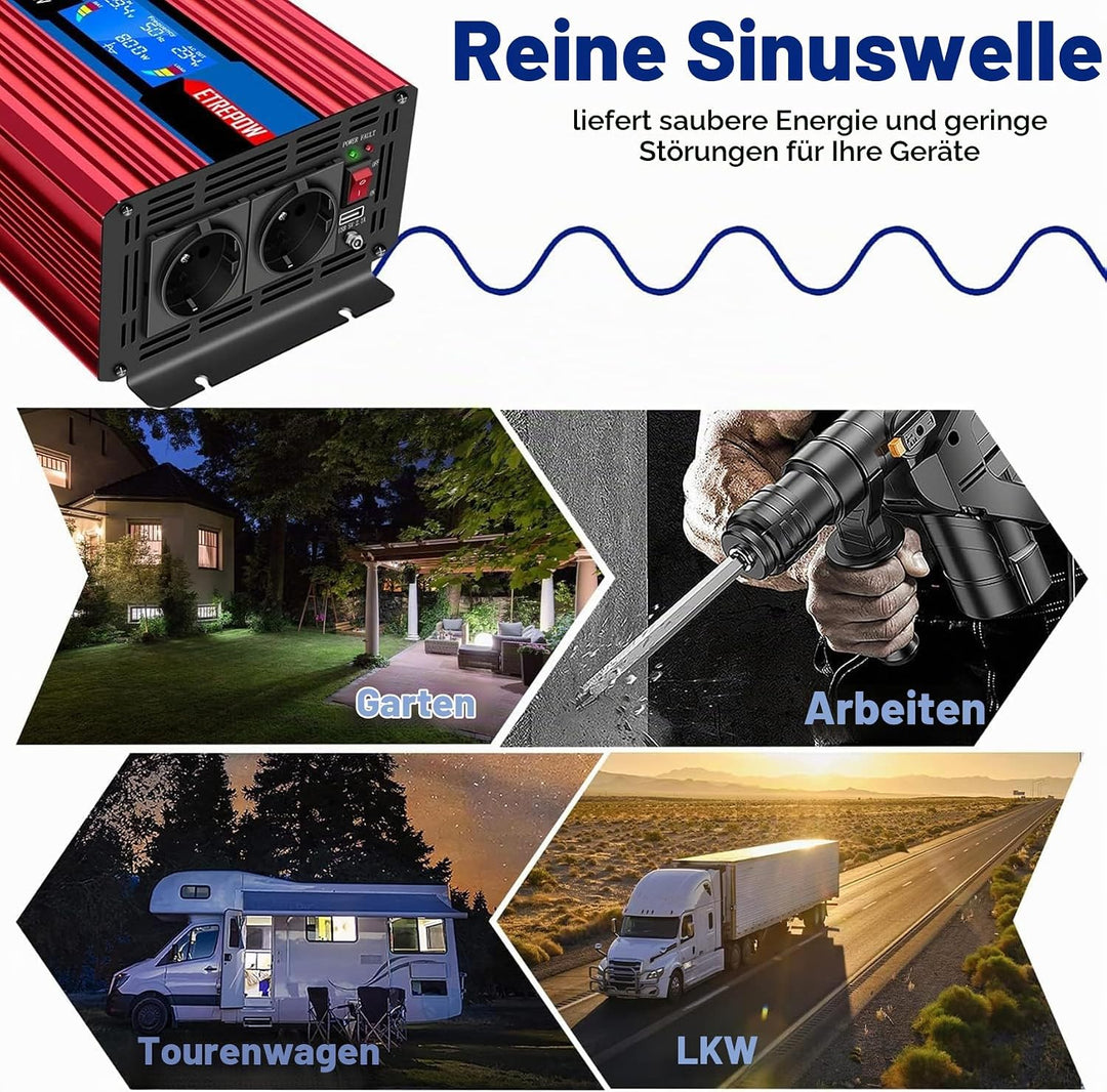 ETREPOW Spannungswandler 3000w 24v Auf 230v Reiner Sinus Wechselrichter mit 2 EU-Steckdose und Einer