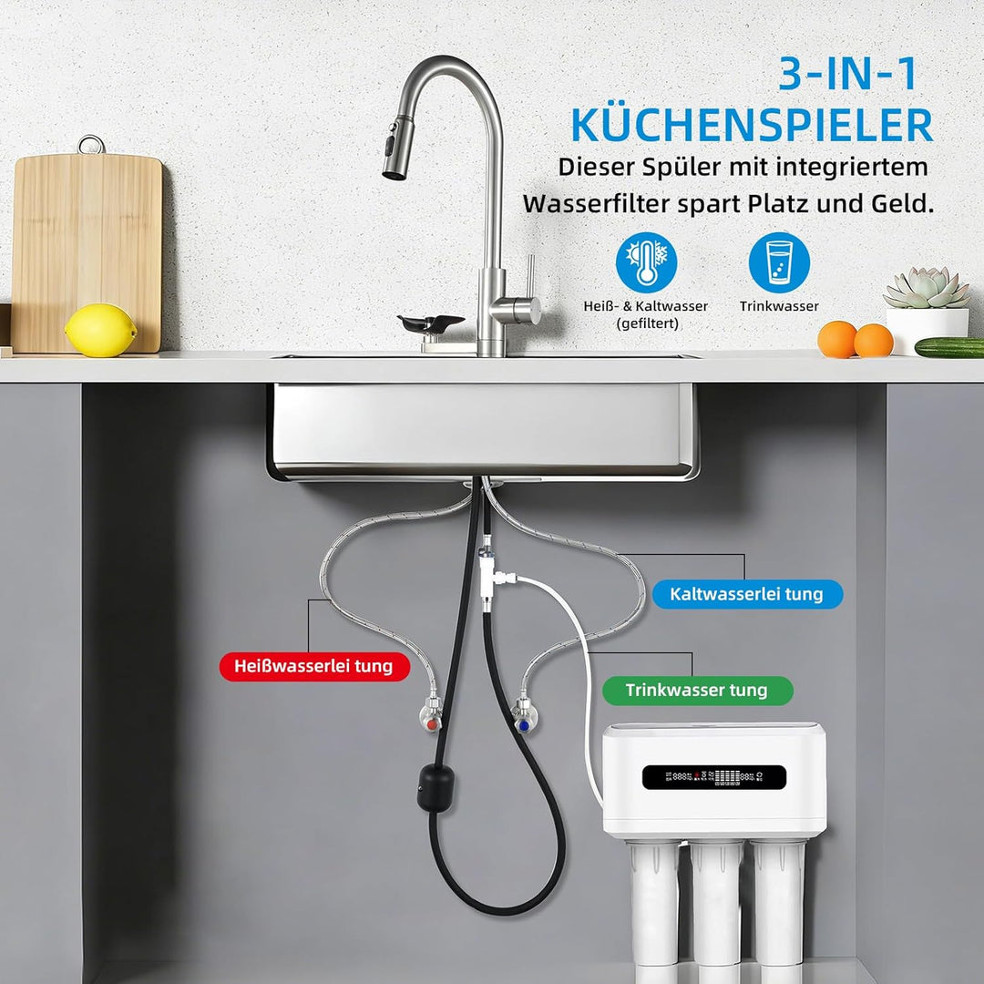 3 Wege Wasserhahn Küche Mynaiad Wasserfilter Glasspüler Ausziehbar Dual-Auslauf,360°-Drehung Küchena