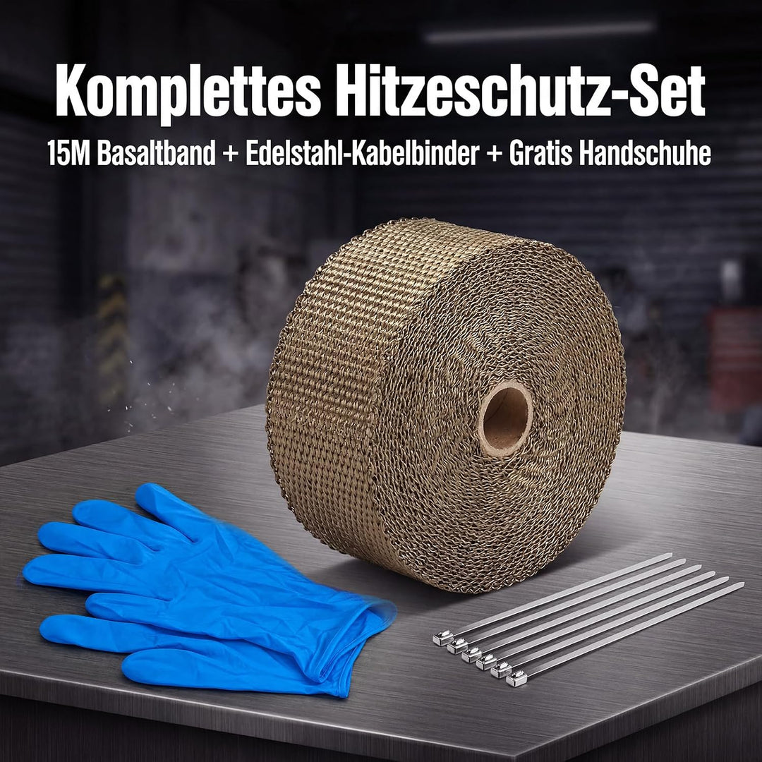 LIHAO Hitzeschutzband 15M Basaltfaser Auspuffband mit Kabelbinder für Fächerkrümmer Thermoband Krümm