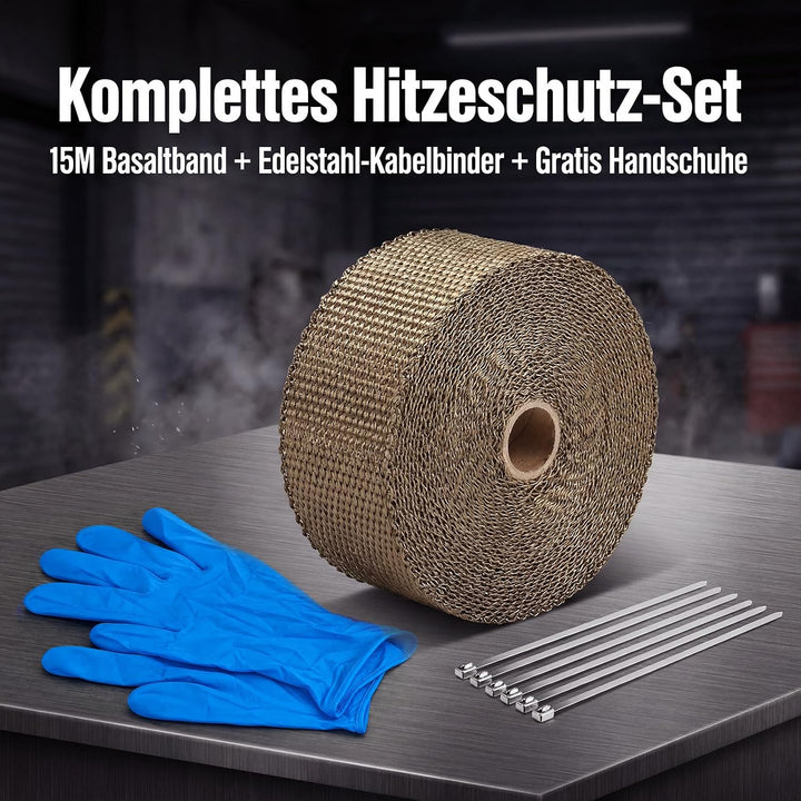 LIHAO Hitzeschutzband 15M Basaltfaser Auspuffband mit Kabelbinder für Fächerkrümmer Thermoband Krümm
