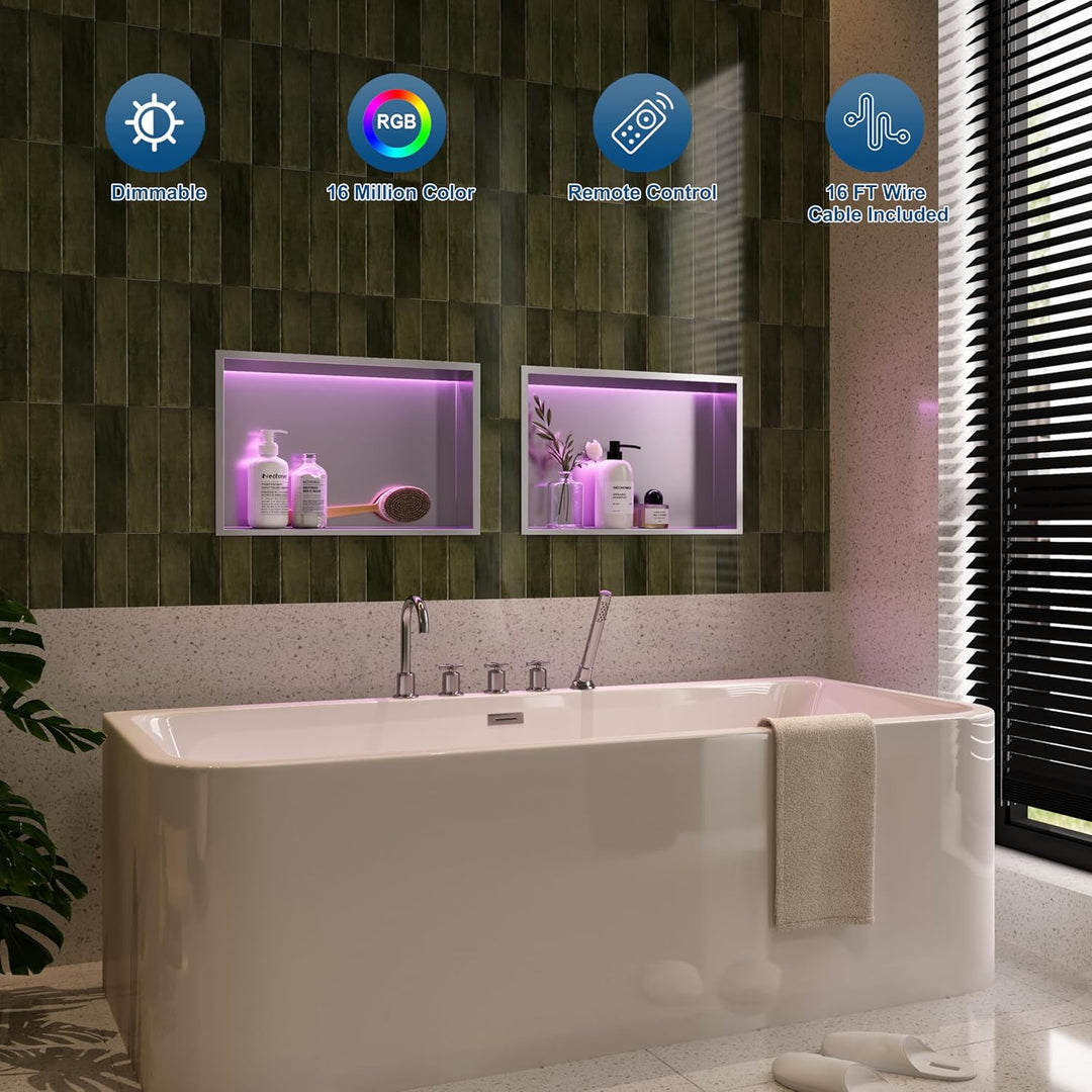 Wandnische Dusche Edelstahl mit RGB LED-Licht, Eingebettete Duschnische Einzelregal Lagerung mit Fer