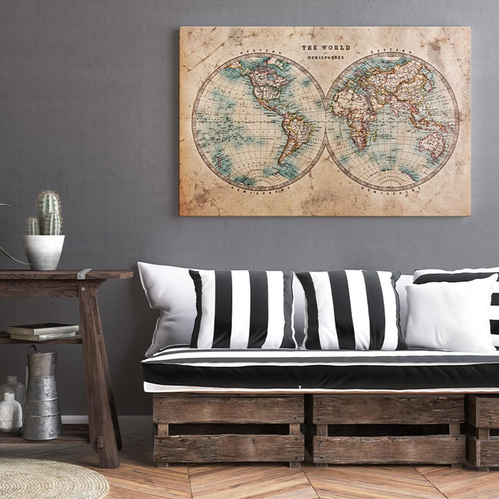 PICANOVA Weltkarte Hemisphären 90x60cm - Premium-Leinwand-Kunstdruck - Leinwand-Druck-Wand-Kunst-Dek