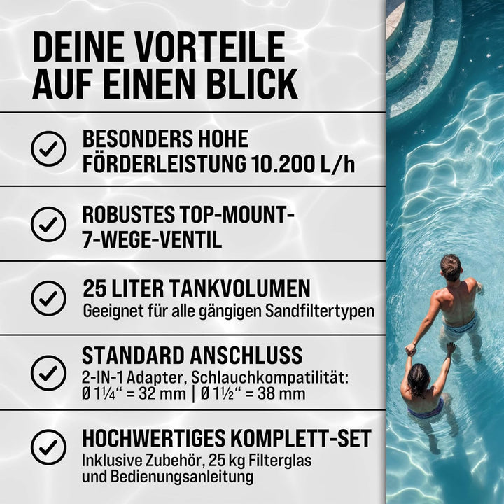 Monzana Sandfilteranlage Pool Selbstansaugend 10.200L/h 450 Watt 2in1 Adapter Ø32mm - 38mm 4Wege Ven