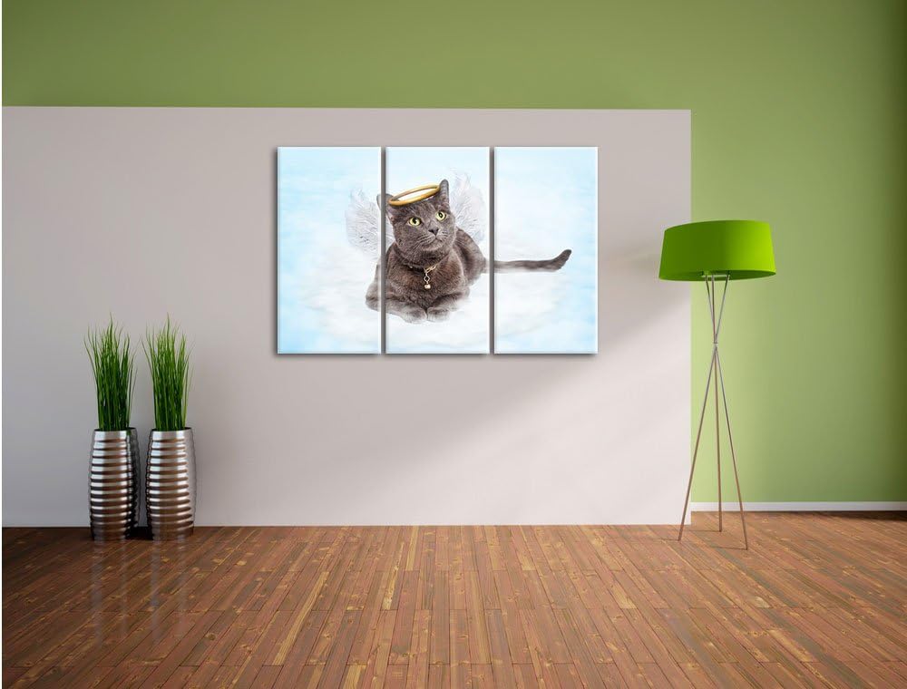 Pixxprint Katzen-Engel auf Wolke / 3-Teilig/Gesamtmass 120cm Leinwandbild bespannt auf Holzrahmen/Wa