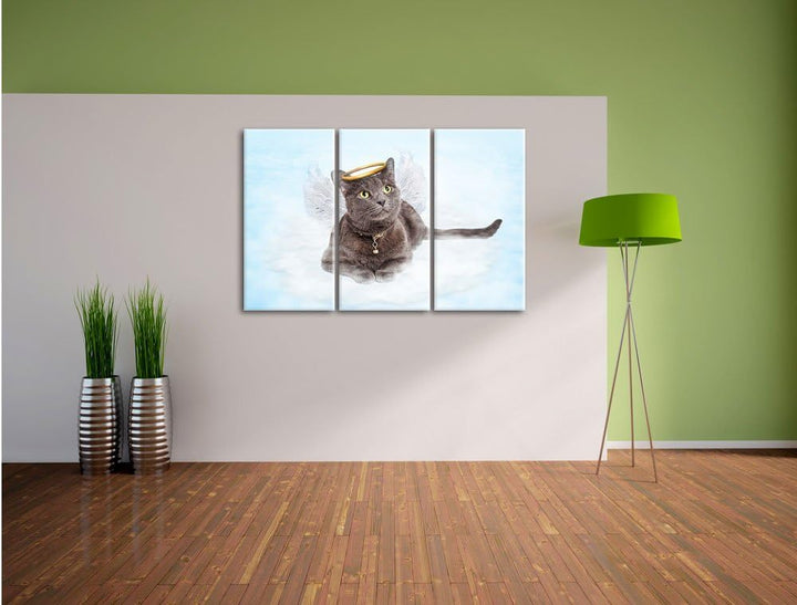 Pixxprint Katzen-Engel auf Wolke / 3-Teilig/Gesamtmass 120cm Leinwandbild bespannt auf Holzrahmen/Wa