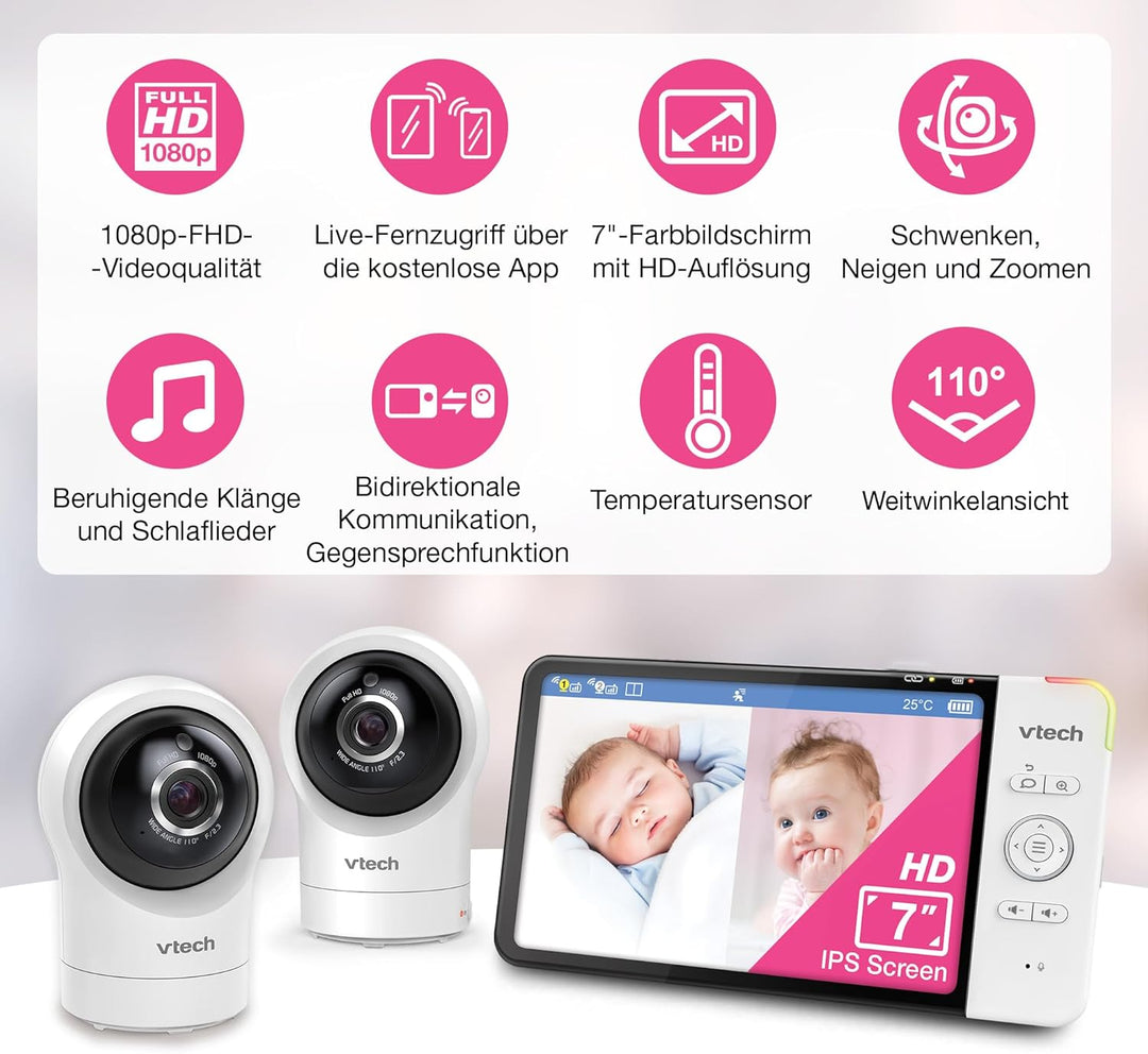VTech Smart Babyphone mit 7"-HD-Farbbildschirm, WLAN, 2 Kameras mit 1080p-FHD-Kamera, kostenloser Ap