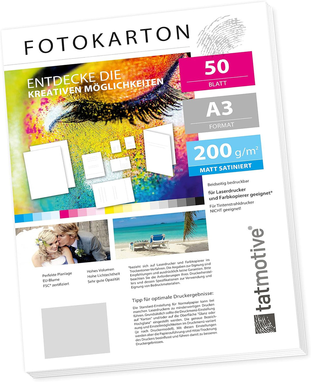 TATMOTIVE Fotokarton Fotopapier DIN A3 200g MATT weiss/Laserdrucker/Beidseitig bedruckbar / 50 Blatt