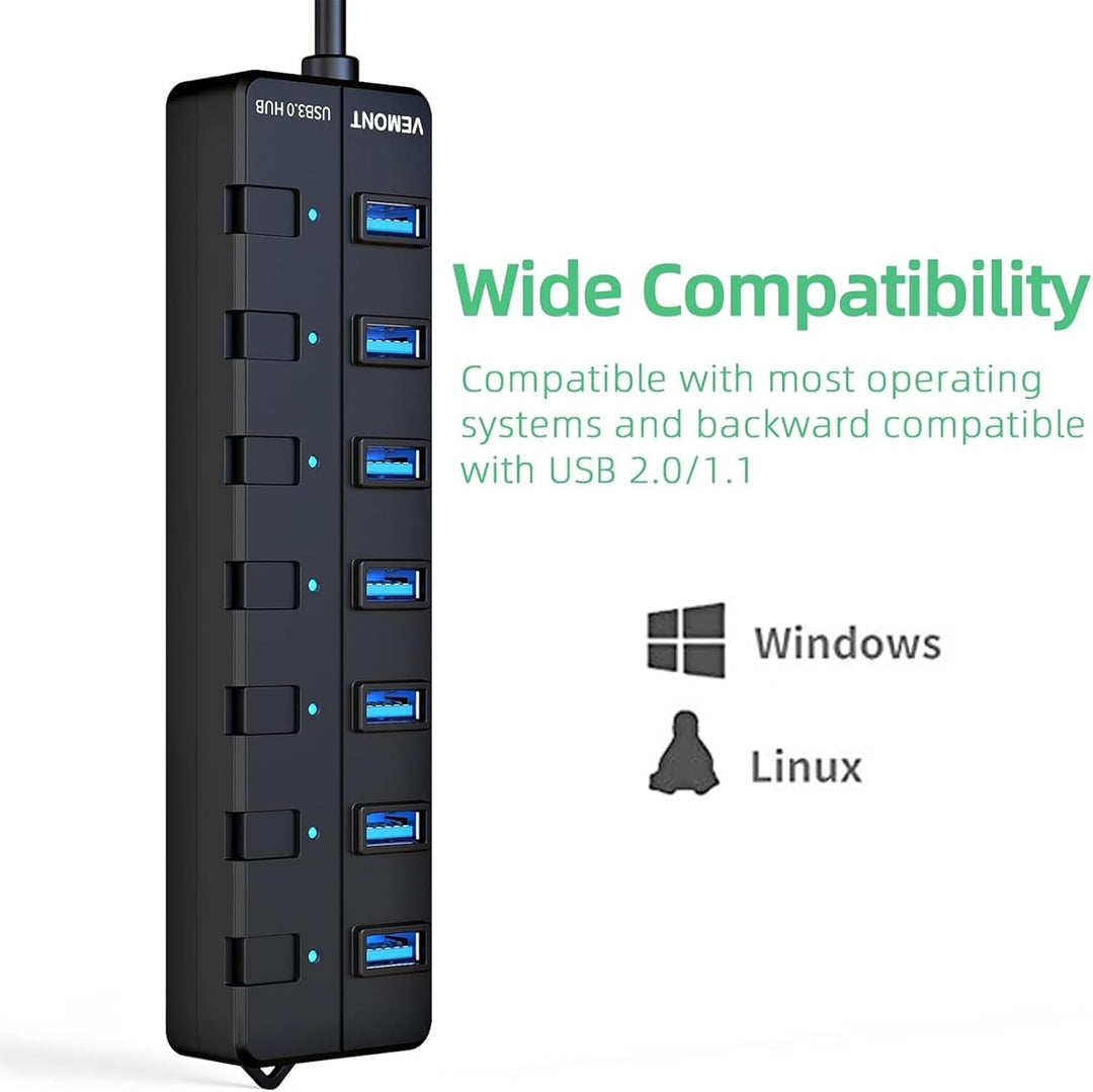 USB 3.0 Hub, VEMONT 7-Port USB Hub Splitter mit verlängertem 1.2m Kabel, USB Verteiler mit einzelnen