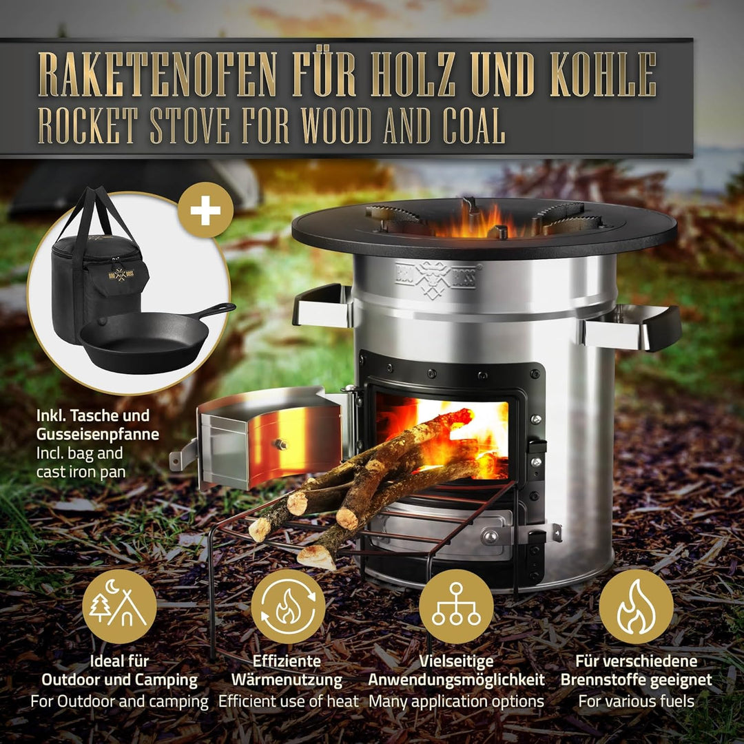 BBQ#BOSS Raketenofen mit Grillpfanne, Tragetasche und Power Ring, Silber, Campingkocher Holz mit Bre