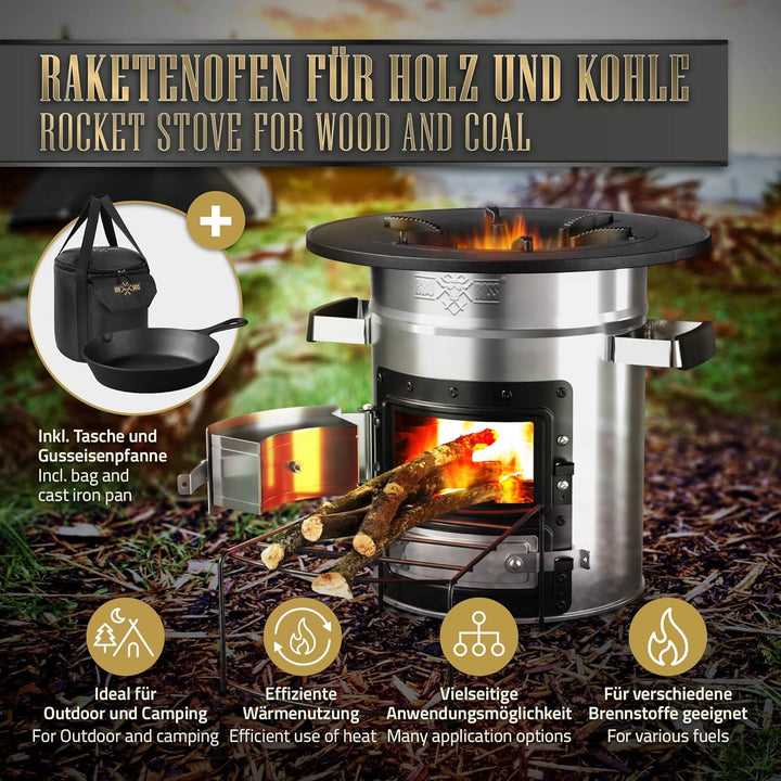 BBQ#BOSS Raketenofen mit Grillpfanne, Tragetasche und Power Ring, Silber, Campingkocher Holz mit Bre
