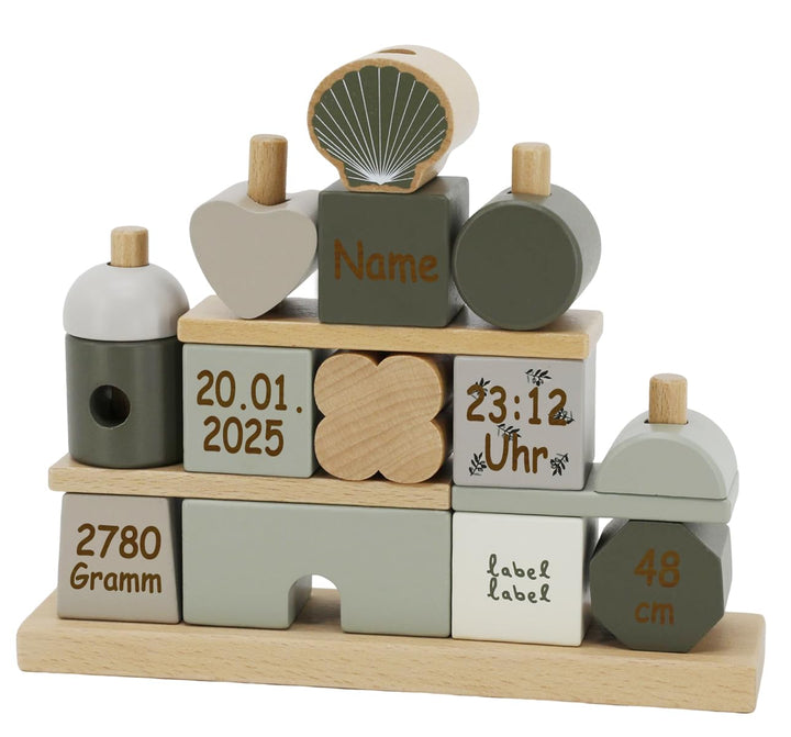 Steckspiel Haus personalisierbar mit Name und Geburtsdaten Baby Geschenk mit Gravur (Oliv), Oliv