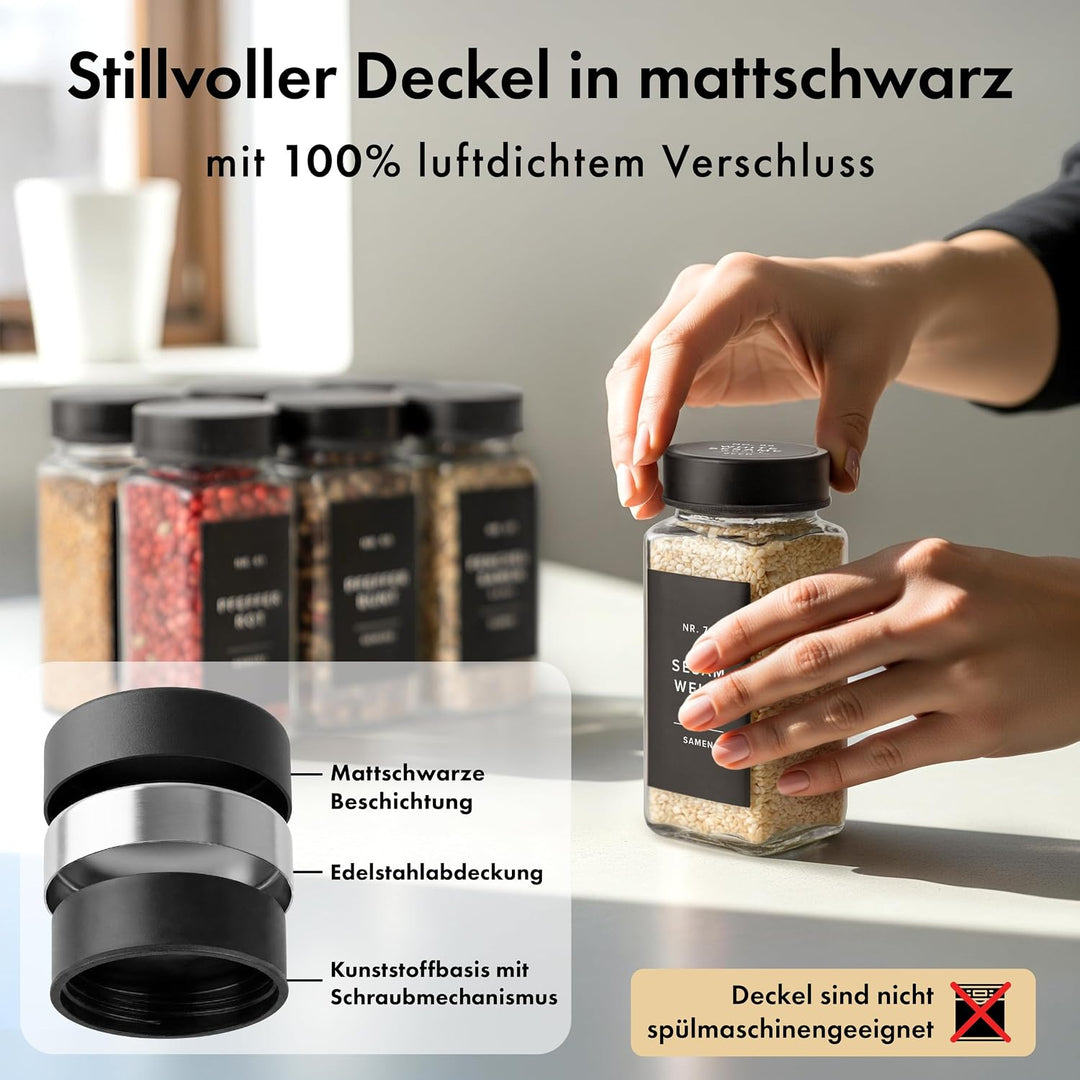 EDELHAUS Gewürzgläser Eckig Set mit Deckel (36 x 120ml) Gewürzstreuer mit Streueinsatz und 240 Etike