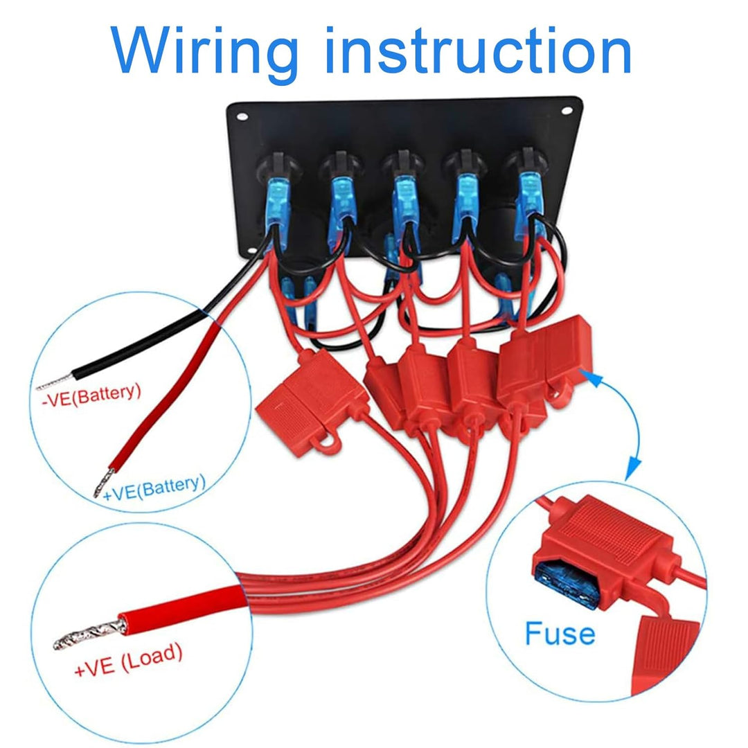 Geloo 5 Gang Schalter Panel, 12V/24V Kippschalter Panel IP65 Wasserdichte LED Voltmeter Dual USB Buc