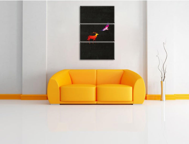 Pixxprint Hirsch und Adler als Leinwandbild/Grösse: 3 Teilig (120x80) cm/Wandbild/Kunstdruck/fertig