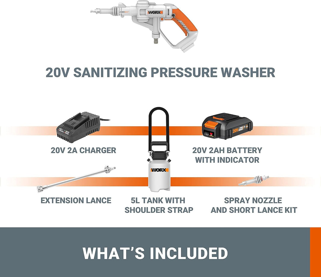 WORX 20V Akku Desinfektionssprühgerät WP651E, 5 Liter Umhängetank, Schwarz/Orange 5l