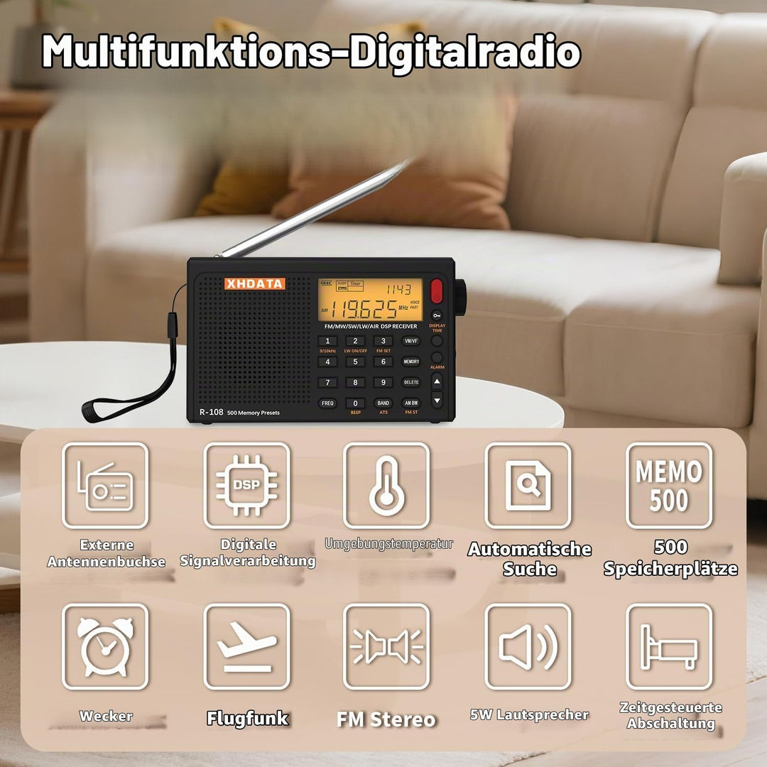XHDATA R-108 Kleines Tragbare Radios Wiederaufladbares Batterieradio UKW FM AM SW Airband Radio welt