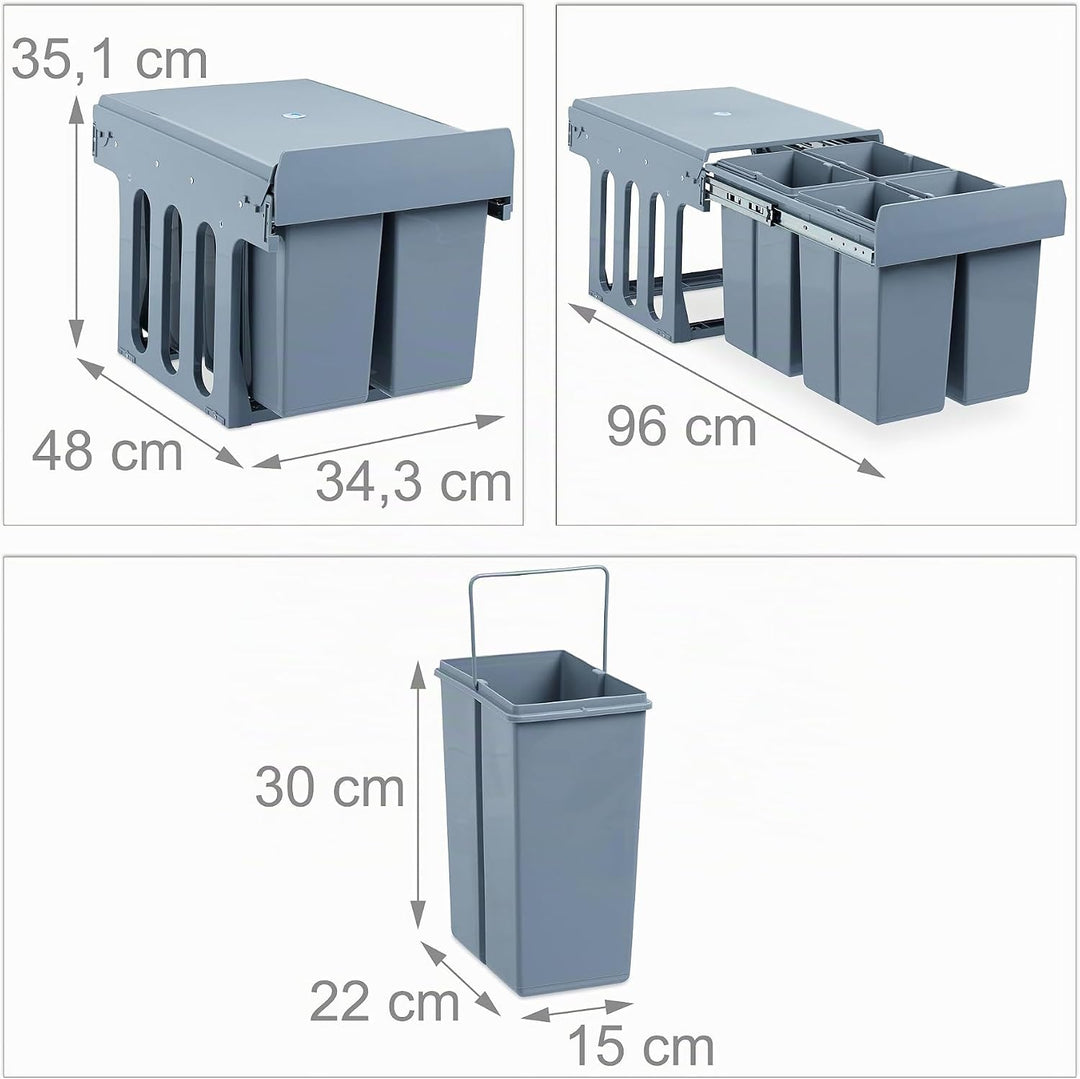 Relaxdays Einbaumülleimer Küche, Auszug, Müllsystem Unterschrank, Kunststoff, 4x je 8 l, HBT: 35,1 x