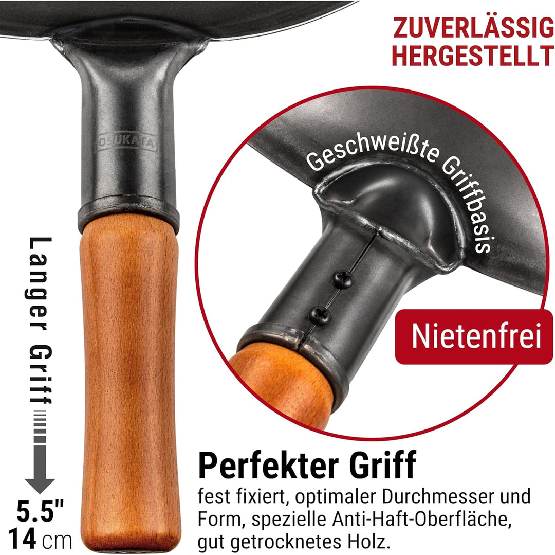 YOSUKATA Karbonstahl Woks &amp; Wokpfannen - 34 cm Voreingebrannter Wok Pfanne Karbonstahl Flacher Boden