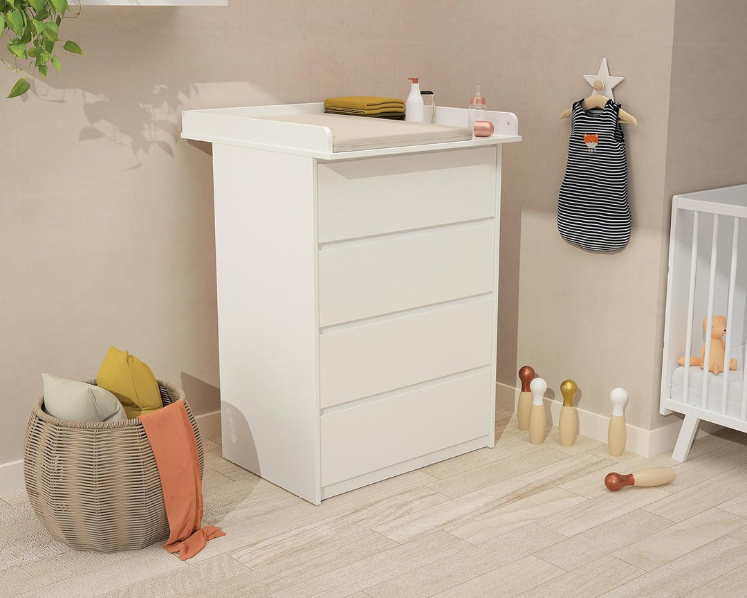 Webaby - Babykommode mit 4 Schubladen und Wickeltisch aus Holz, 70 cm UNO - Weiss, Weiß
