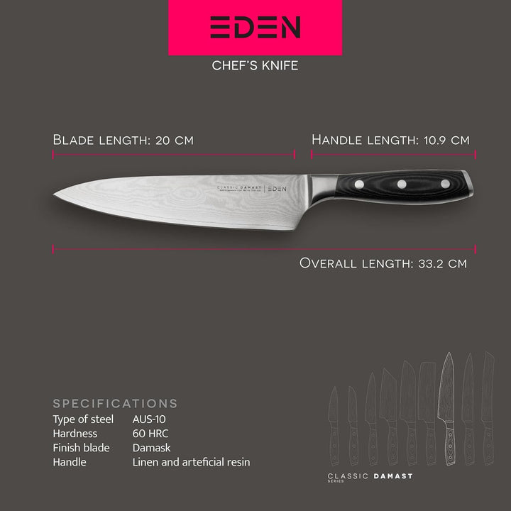 Eden Classic Damast Kochmesser 20 cm Küchenmesser EQ2030-020 Kochmesser für Gemüse, Früchte und Flei