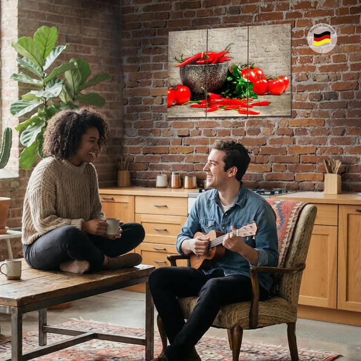 Runa Art Wandbilder Küche - Gemüse Bild XXL Esszimmer Küchenbilder Braun Rot Ziegel 120 x 80 cm 3 Te