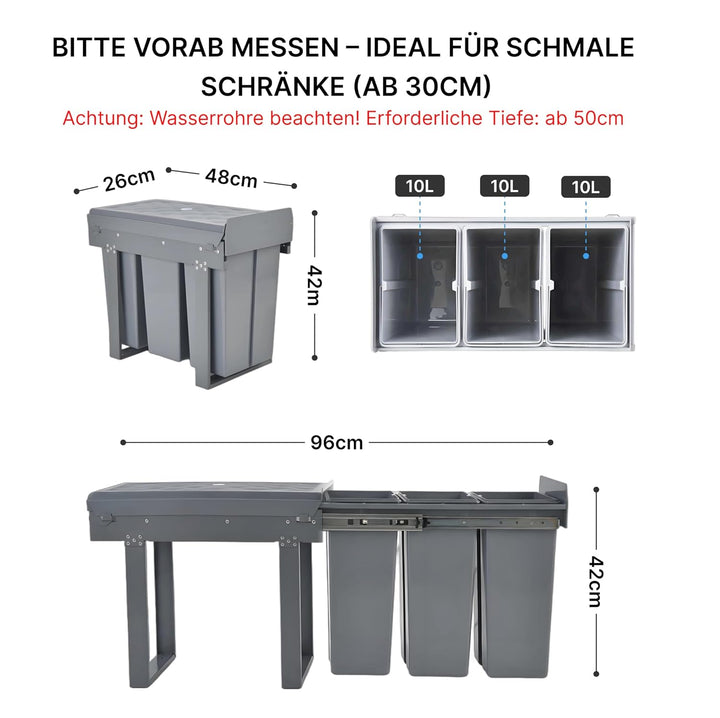 Einbaumülleimer Küche 3 Fächer (3x10L) – Mülltrennsystem für schmale Schränke,5-Punkt-Verstärkung,au