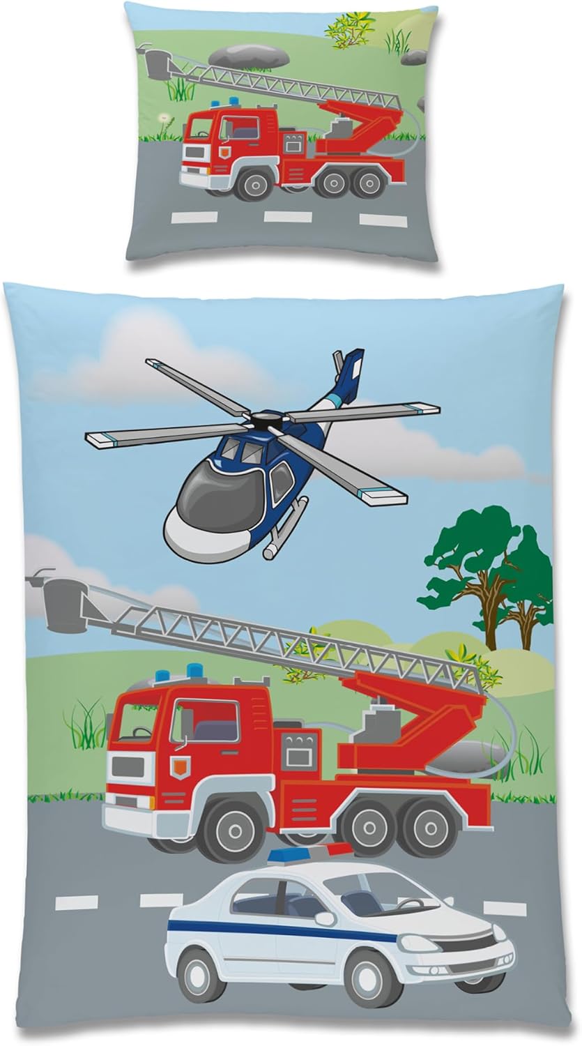 TexIdea Polizei Feuerwehr Bettwäsche Set · Wende-Motiv · Bett-bezug 135x200 cm · Kopfkissen-bezug 80