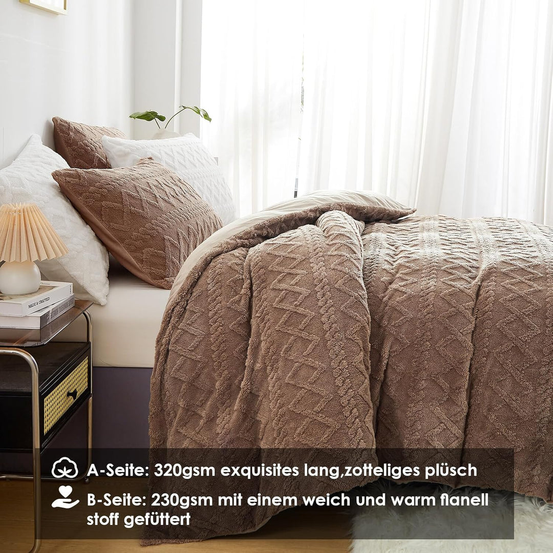 Freyamy Plüsch Bettwäsche 135x200 4tlg Warme,Romantisch Khaki Bettwäsche Getuftet Boho,Flauschig Ted