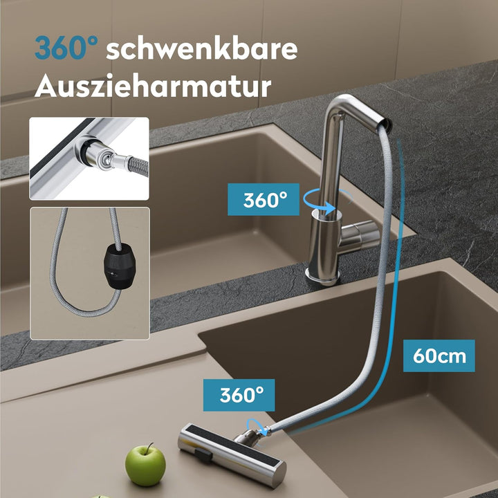 doporro Wasserhahn Küche ausziehbar, Hochdruck Küchenarmatur mit Wasserfall, 3 Strahlarten und Braus