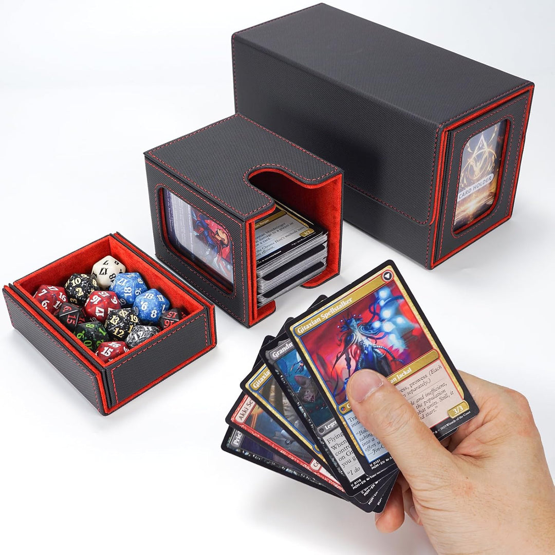 AFIING MTG Commander Kartenbox, 3-in-1 Karten-Aufbewahrungsbox für 200+ doppelt gesleevte Karten, Ma