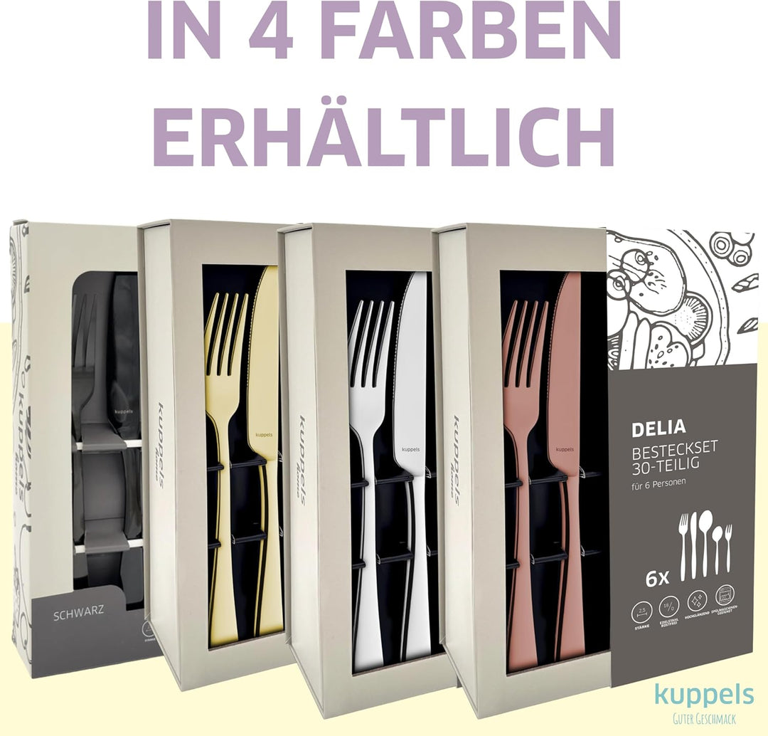 Kuppels Delia Besteck-Set 30-tlg, 6 Personen, PVD Edelstahl, Schwarz | Hochglanzpoliertes Set mit 6