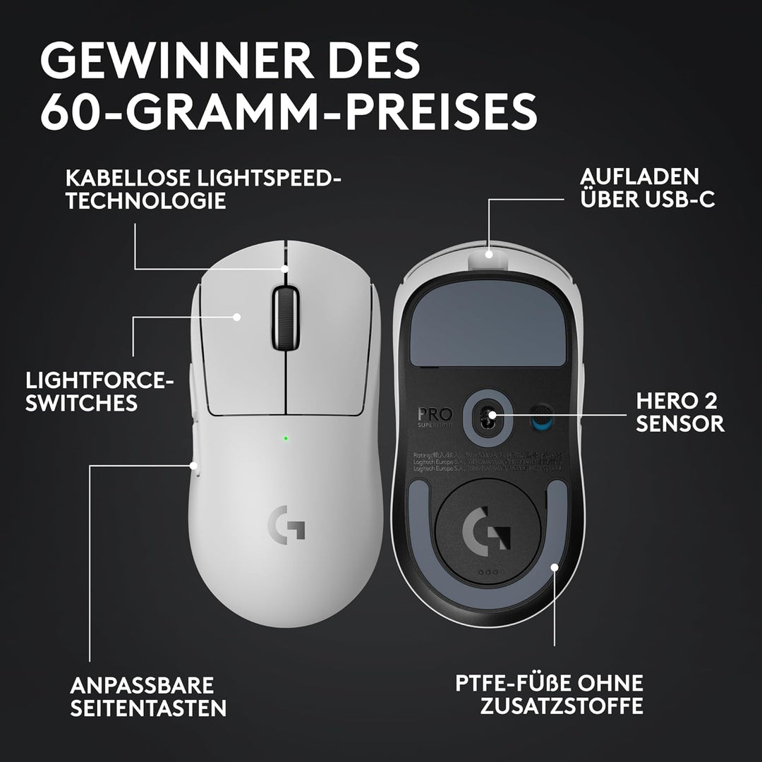 Logitech G PRO X Superlight 2 Lightspeed Kabellose Gaming-Maus, Lightweight, LIGHTFORCE Hybrid-Schal