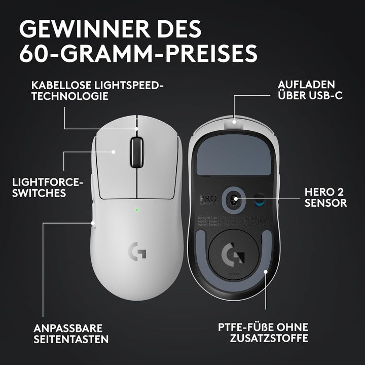 Logitech G PRO X Superlight 2 Lightspeed Kabellose Gaming-Maus, Lightweight, LIGHTFORCE Hybrid-Schal