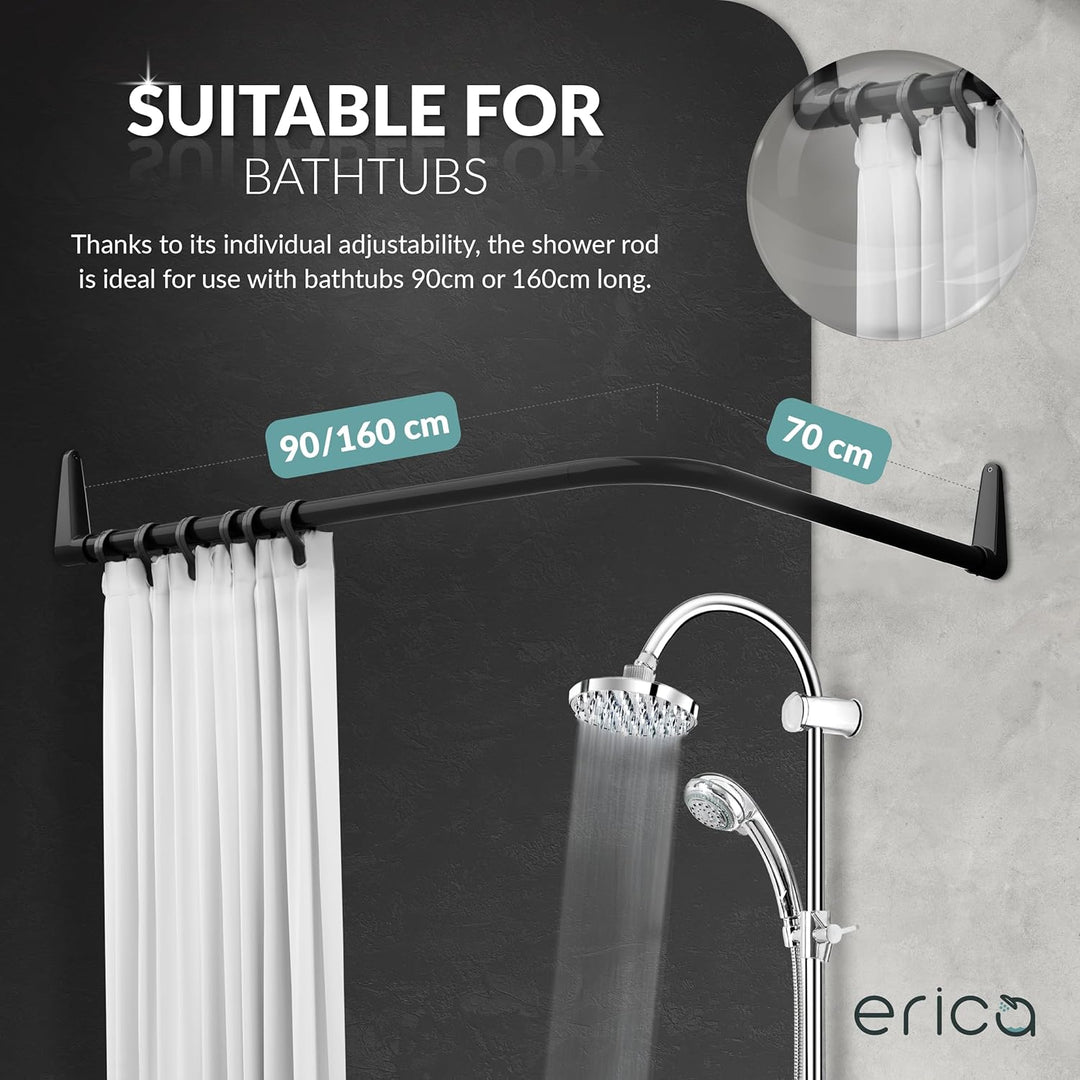Erica Duschvorhangstange L form 70x90, 70x160 oder 90x140 cm + Klebebefestigungen | Duschvorhang sta