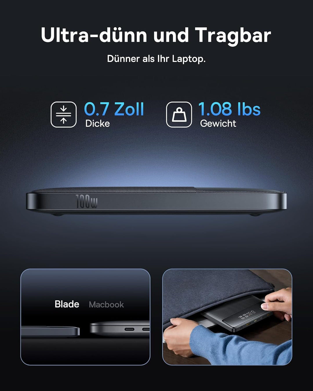 Baseus Powerbank 20000mAh 100W PD Schlanker externer Akku QC 4.0 Schnellladegerät, Blade H1 für Lapt