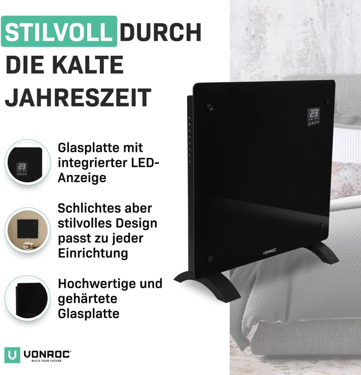 VONROC Elektroheizung, Konvektor-Heizung - Energiesparende elektrische Heizung bis 12m2 - Wand-/Bode