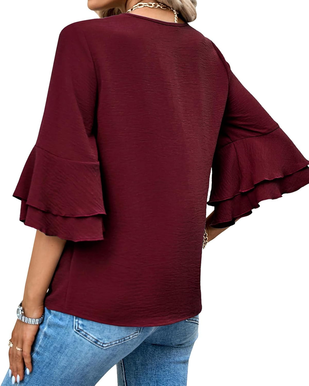 Damen Bluse Elegant V-Ausschnitt 3/4 Ärmel Lässige Blusen mit Rüschenärmel Tunika Tops M-3XL, Weinro