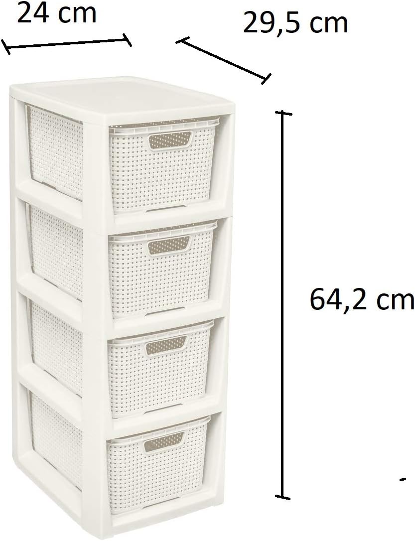 BranQ - Home essential Regal in Rattan Design, Kunststoff PP, Creme, 29,5 x 24 x 64,2 cm 4 Körben Cr