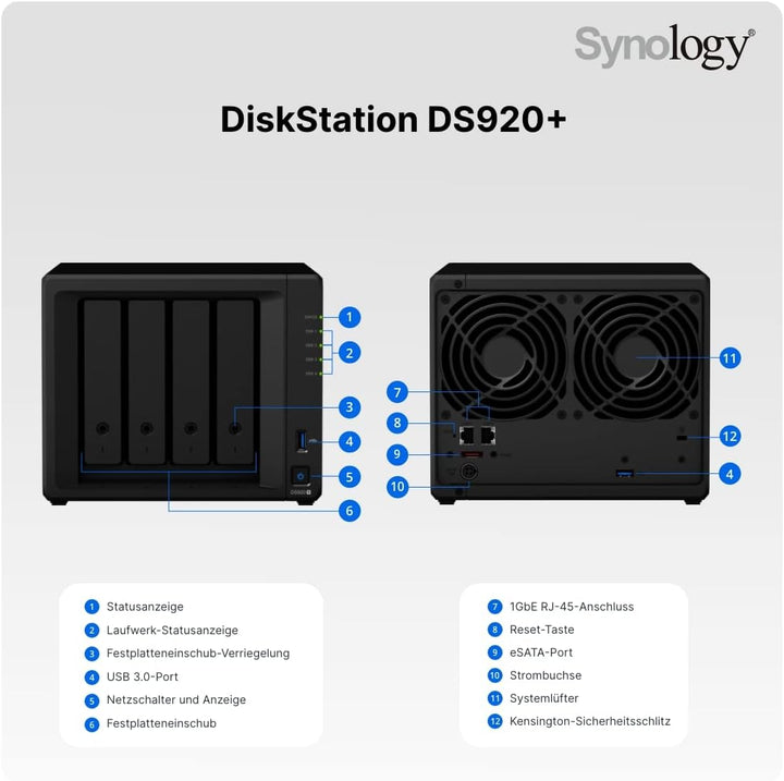 Synology ,8 GB , DS920+ 4 Bay Desktop NAS Gehäuse