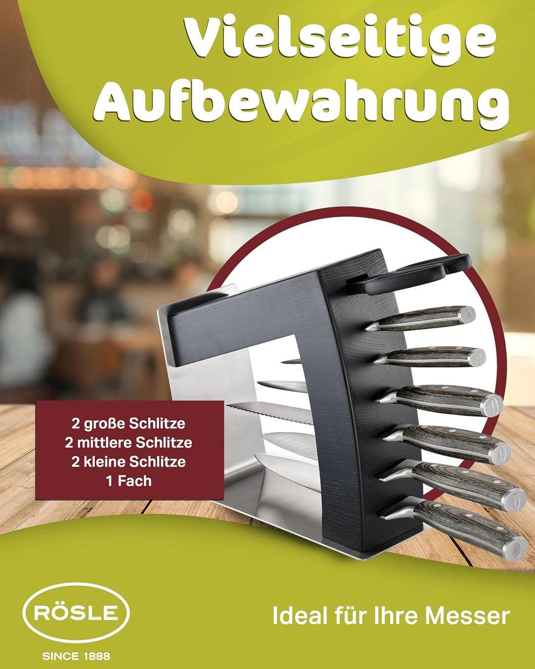 RÖSLE Messerblock MoveX schwarz, Hochwertiger Design-Messerblock aus Edelstahl und Eschenholz, sicht