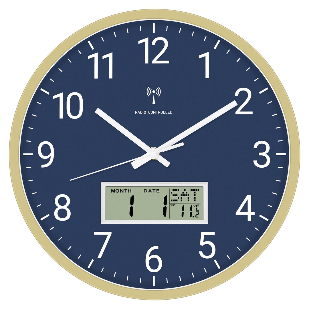 Foxtop Funk-Wanduhr Digital & Analog 30cm mit LCD-Anzeige – Digitale Funkuhr Wanduhr mit Temperatur,