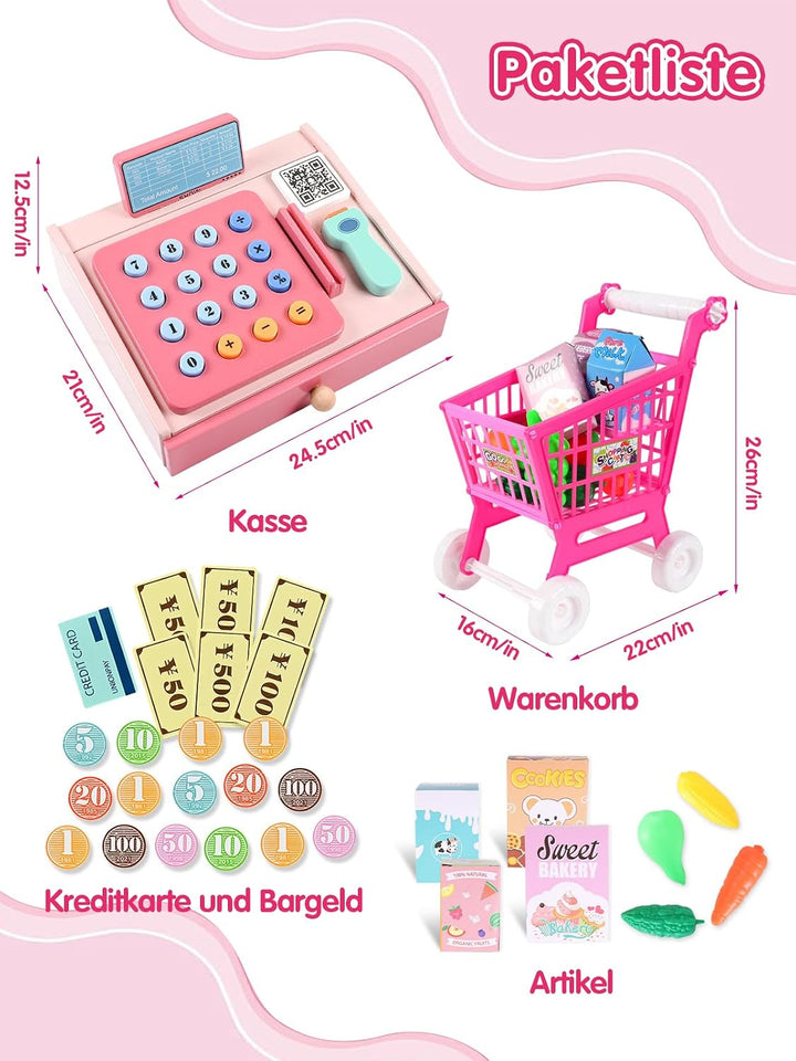 Holz Kasse Kinder Spielzeug, Spielkasse mit Scanner Warenkorb Spielzeugartikel Spielgeld Münzen Debi