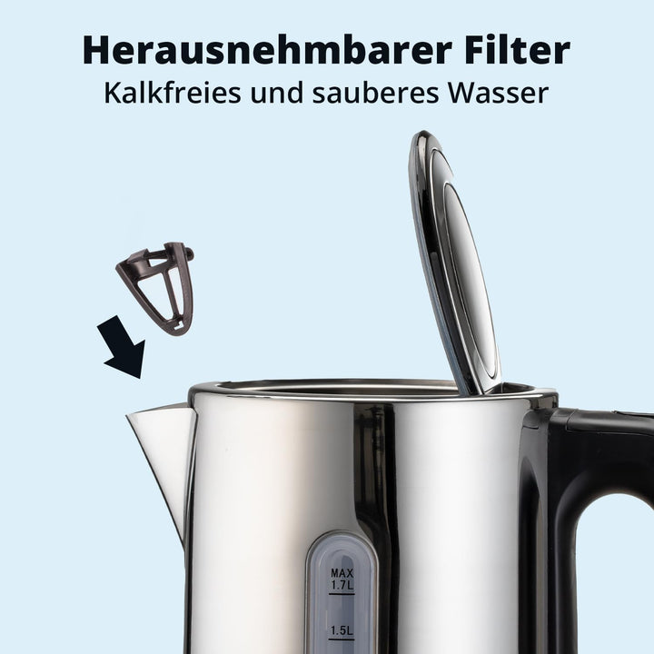 KHG Wasserkocher WK-1702 (ES) | aus Edelstahl für 1,7 Liter Kapazität | Wasserstandsanzeige | Trocke
