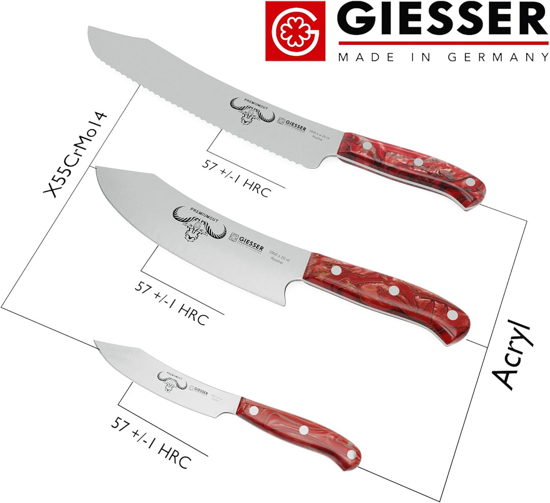 GIESSER seit 1776 - Made in Germany - Messerset 3 teilig, Red Diamond, PremiumCut, Kochmesser 20 cm,