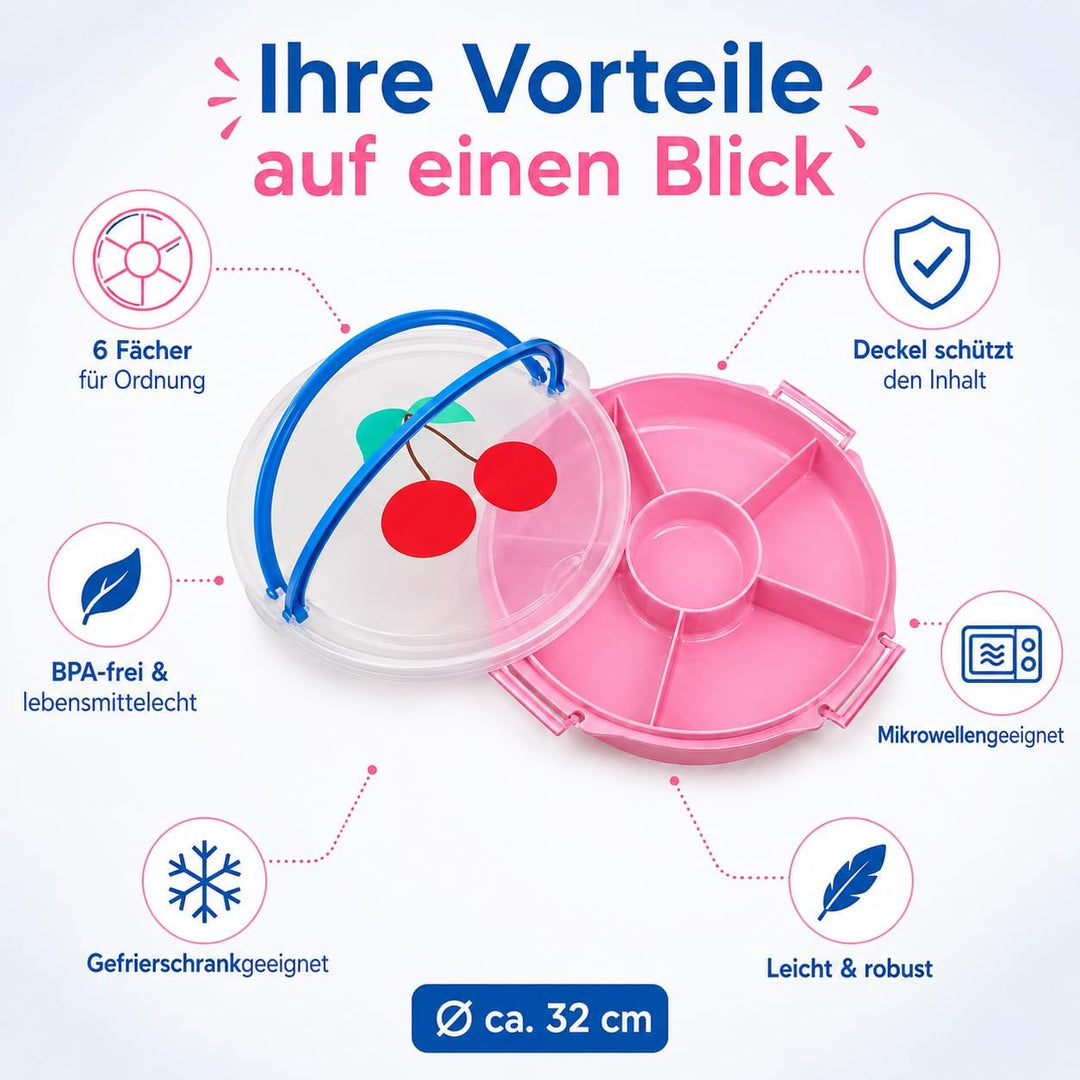 Rice Serviertablett rund Ø 32 cm mit Deckel & Tragegriff – Snack- & Partyplatte mit Fächern, BPA-fre