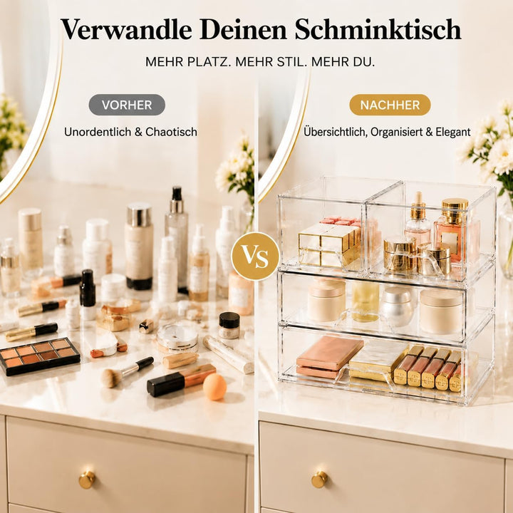 4er Set Kosmetik Organizer mit Schubladen, Stapelbar, Transparent | 4 separate Boxen – einzeln, nebe