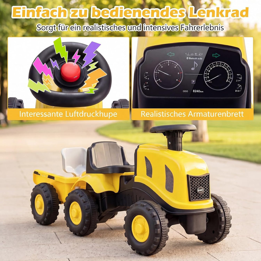 COSTWAY Kindertraktor mit Anhänger, 2-in-1 Rutschfahrzeug (Gelb), Gelb