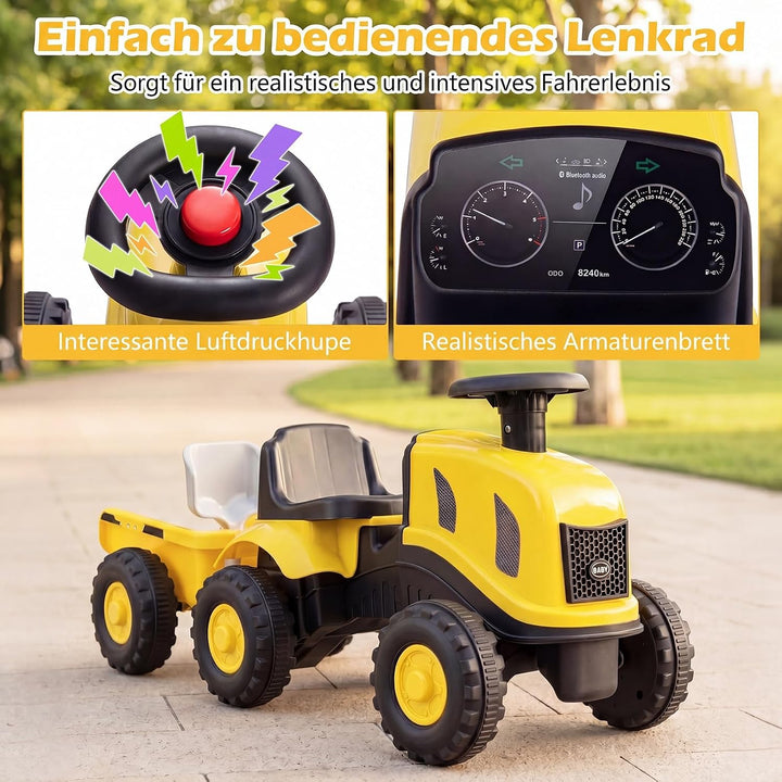 COSTWAY Kindertraktor mit Anhänger, 2-in-1 Rutschfahrzeug (Gelb), Gelb