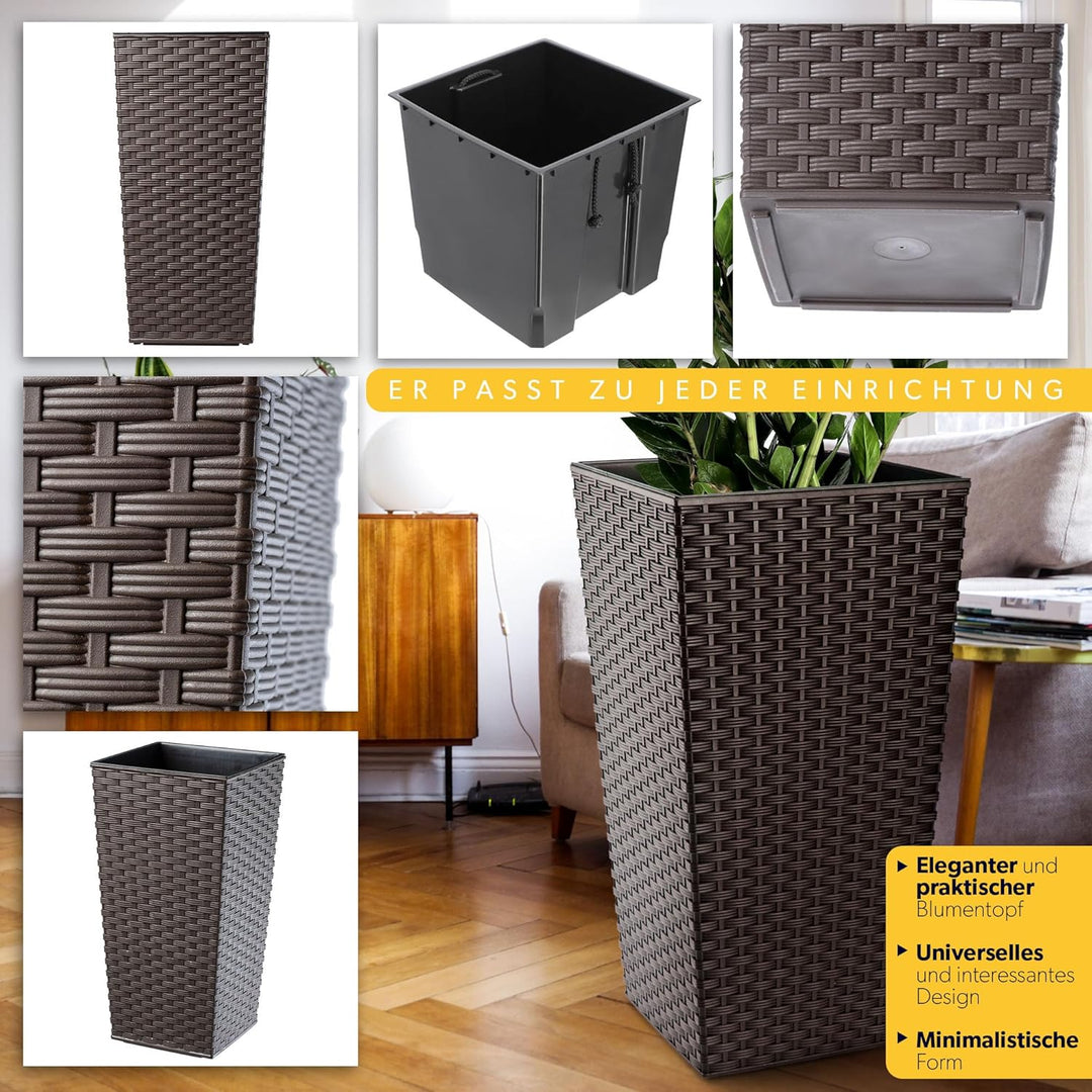 KADAX Pflanzkübel mit Innentopf, Höhe 68cm, Mokka Rattan – Wetterfester Blumentopf für Innen & Ausse
